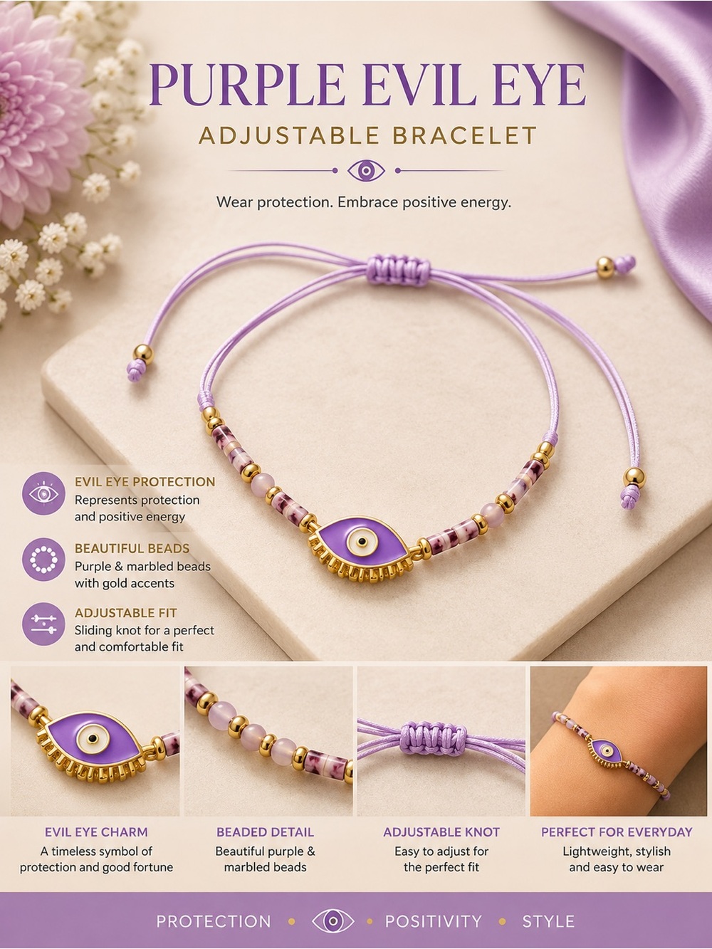 Purple Evil Eye Adjustable Bracelet - Unbranded